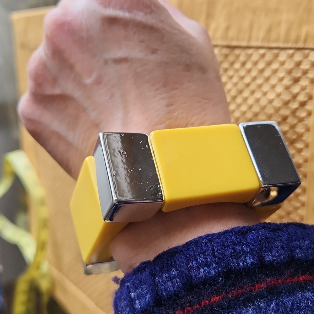 Yellow and Silver Stretch Bracelet Square Shape Geometric Chunky Bangle